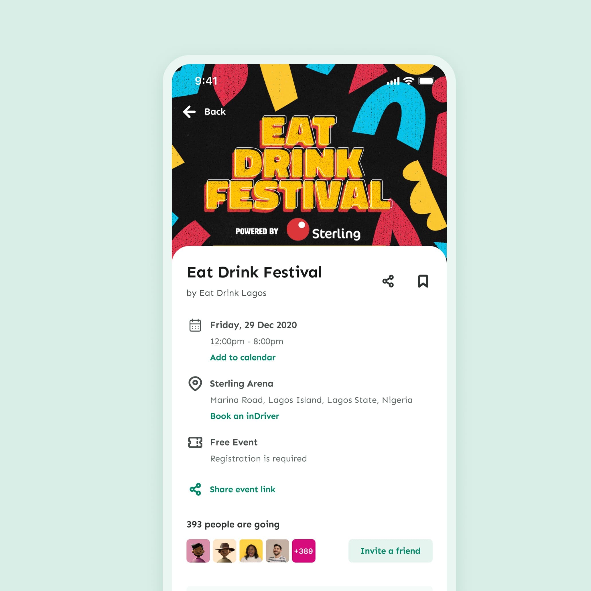 Mogobomya event listing page for Eat Drink Festival with date, venue, and RSVP options