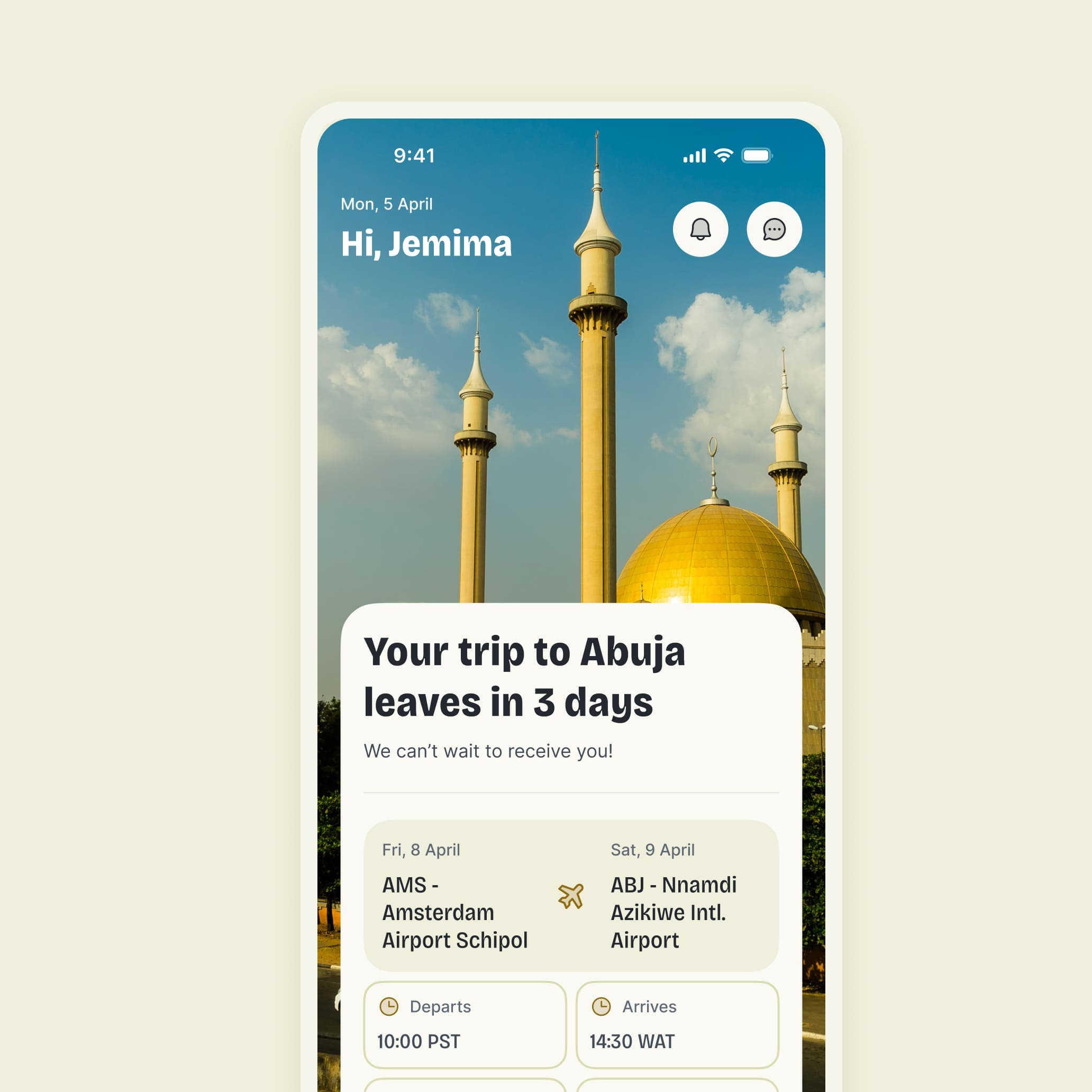 Nara trip overview showing an upcoming Abuja flight with departure and arrival details