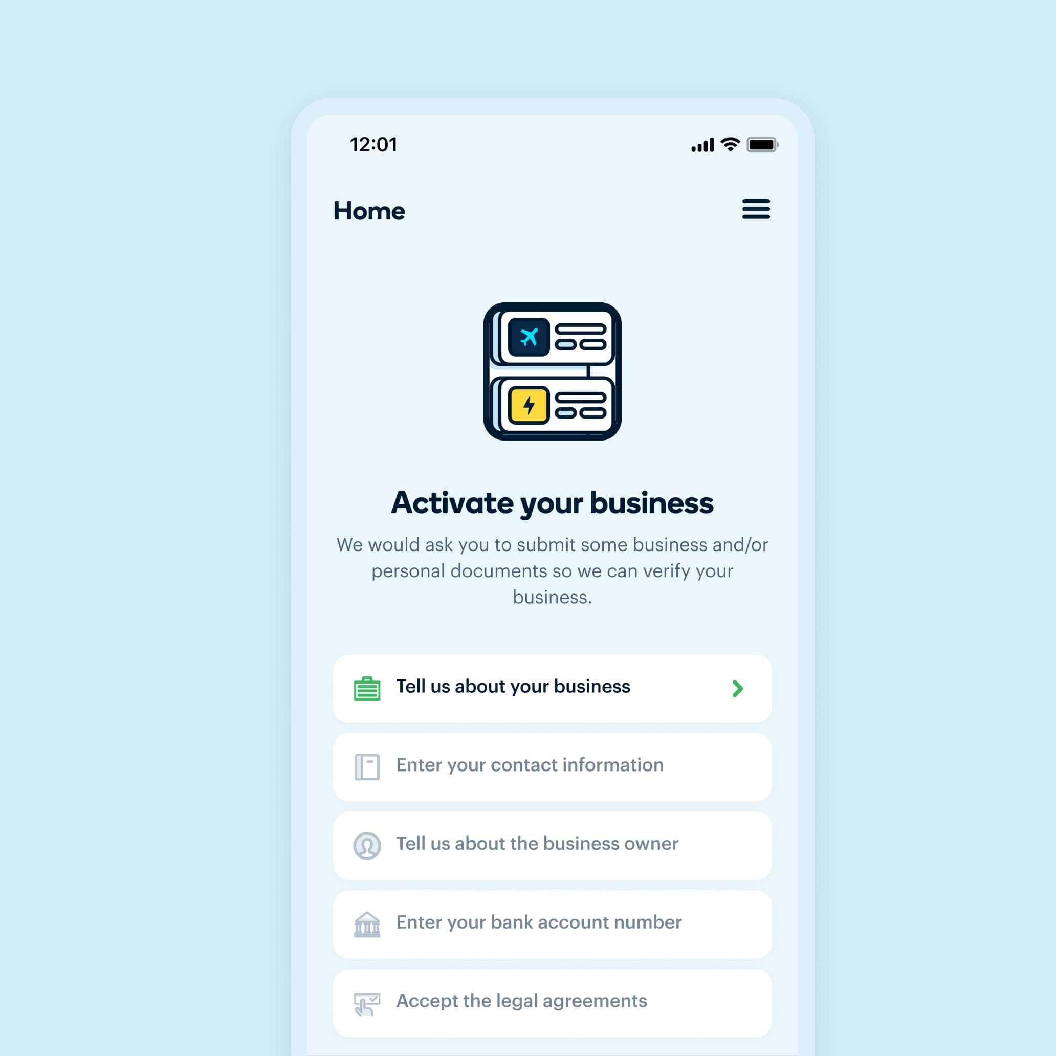 Paystack merchant app onboarding screen prompting to activate business with verification steps
