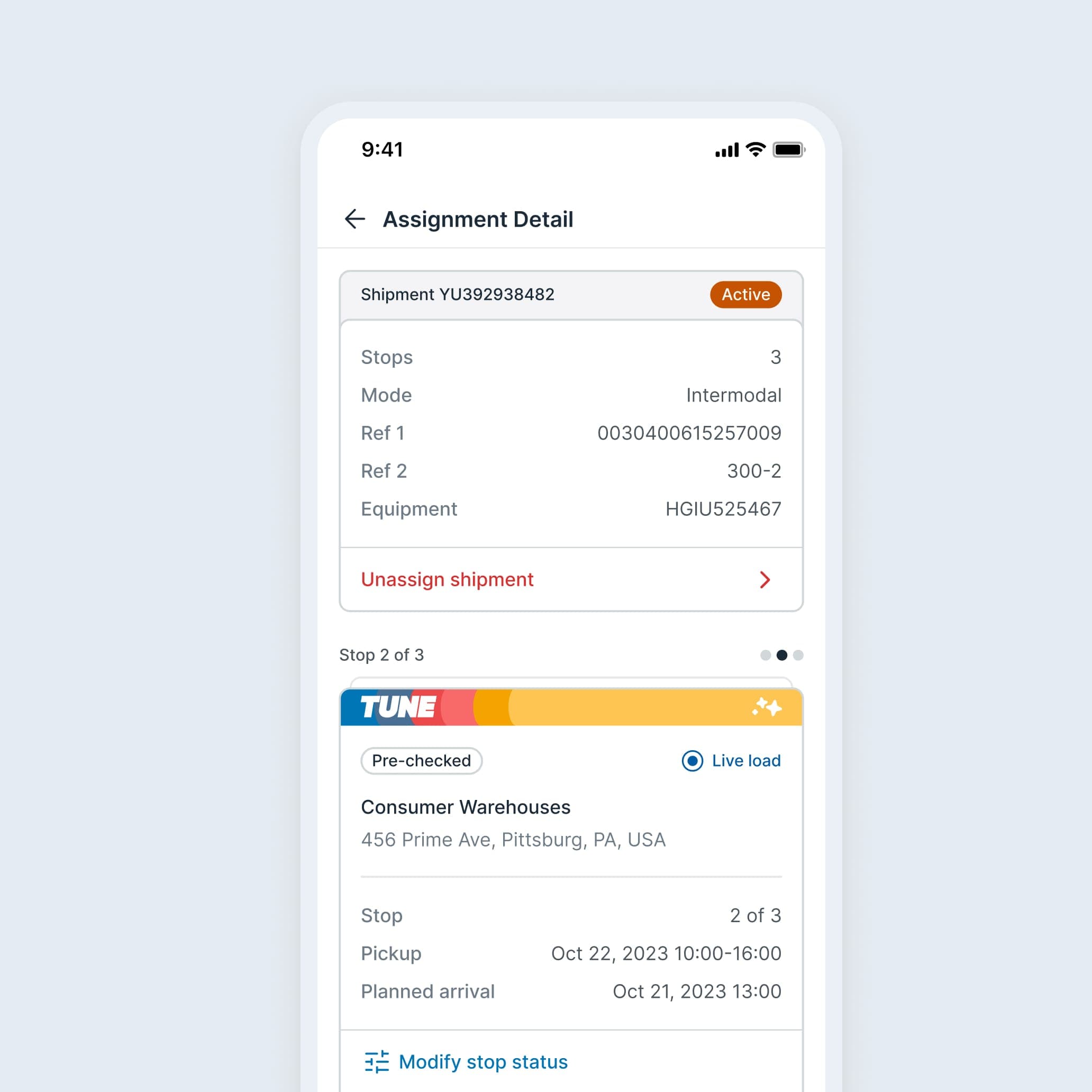 Shipment assignment screen with shipment details and progress for TUNE by KBX